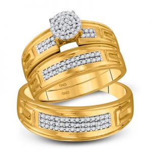 10K YELLOW GOLD ROUND DIAMOND CLUSTER MATCHING WEDDING RING SET 1/3 CTTW