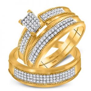 10K YELLOW GOLD ROUND DIAMOND CLUSTER MATCHING WEDDING RING SET 1/2 CTTW