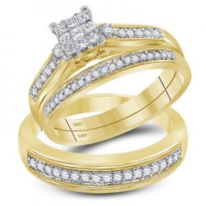 10K YELLOW GOLD PRINCESS DIAMOND CLUSTER MATCHING WEDDING RING SET 1/2 CTTW