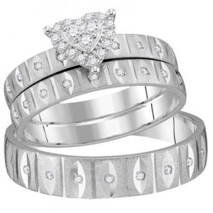 14K WHITE GOLD ROUND DIAMOND HEART MATCHING WEDDING RING SET 1/4 CTTW