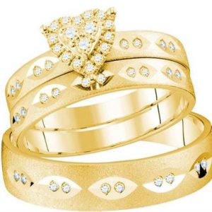 14K YELLOW GOLD ROUND DIAMOND HEART MATCHING WEDDING RING SET 1/4 CTTW