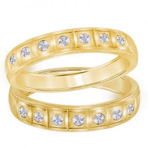 14KT YELLOW GOLD HIS HERS ROUND DIAMOND MATCHING WEDDING BAND SET 1/4 CTTW