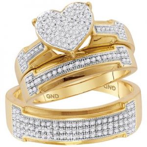 10K YELLOW GOLD ROUND DIAMOND HEART CLUSTER MATCHING WEDDING RING SET 1/2 CTTW