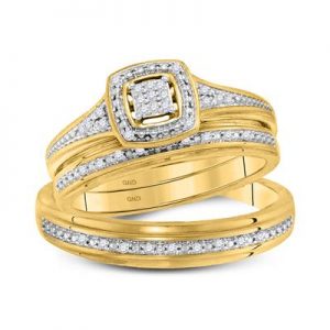 10K YELLOW GOLD ROUND DIAMOND CLUSTER MATCHING WEDDING RING SET 1/10 CTTW