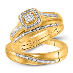 10K YELLOW GOLD ROUND DIAMOND SQUARE CLUSTER MATCHING WEDDING RING SET 1/12 CTTW