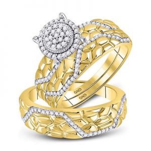 10K YELLOW GOLD ROUND DIAMOND CLUSTER MATCHING NUGGET WEDDING RING SET 3/8 CTTW