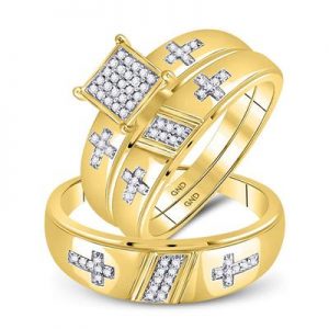 10K YELLOW GOLD ROUND DIAMOND CROSS MATCHING WEDDING RING SET 1/12 CTTW
