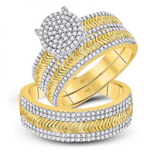 10K YELLOW GOLD ROUND DIAMOND CLUSTER MATCHING WEDDING RING SET 3/4 CTTW