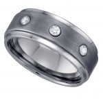 Tungsten CZ Center Brushed Comfort-fit Wedding Band with Step Edges