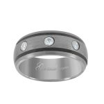 Tungsten Triple CZ Centered Comfort-fit Wedding Band with Two Black Lines on Edges