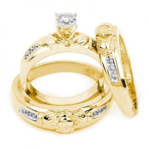 14K YELLOW GOLD ROUND DIAMOND CLADDAGH MATCHING WEDDING RING SET 1/8 CTTW