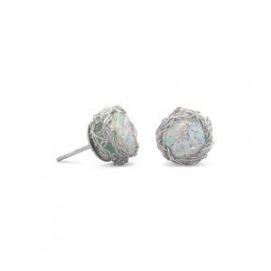 Round Ancient Roman Glass Stud Earrings with Woven Wire Mesh