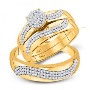10K YELLOW GOLD ROUND DIAMOND CLUSTER MATCHING WEDDING RING SET 1/2 CTTW